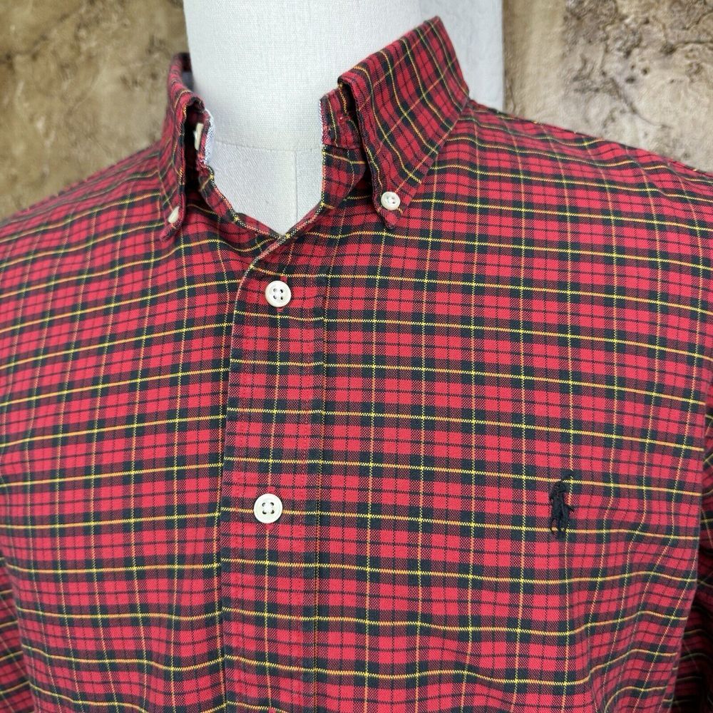 Ralph Lauren Shirt Mens XL Classic Fit‎ Red Plaid Long Sleeve Button Black Pony